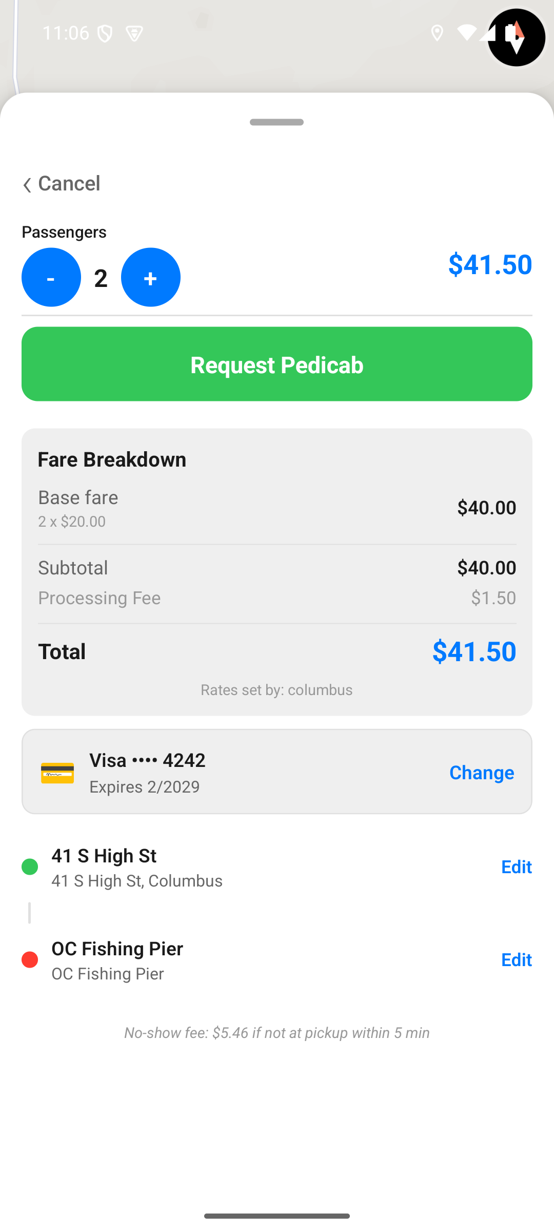 Exclu-cycle™ rider screen showing live pedicab booking with fare estimate